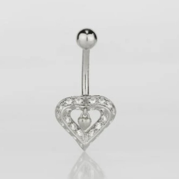 14K Solid Gold CZ Dangle Heart Navel Belly Button Ring Aretes del Ombligo en Oro - Picture 4 of 6